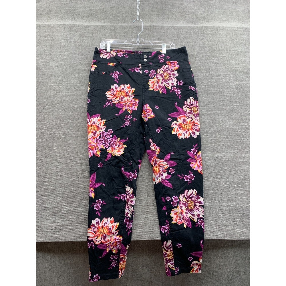 Terra & Sky Ankle Pants Women Plus 0X Black Floral Stretch High Rise Tapered Leg